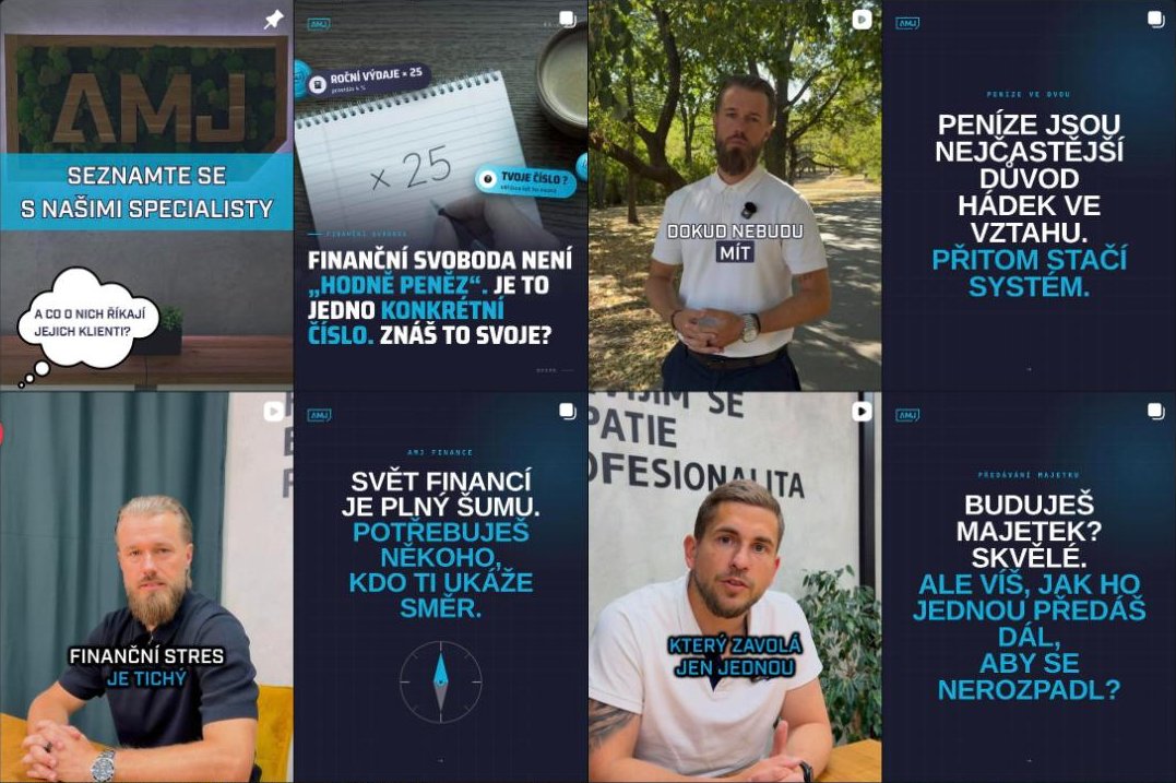 Instagram profil AMJ Finance, ukázka příspěvků