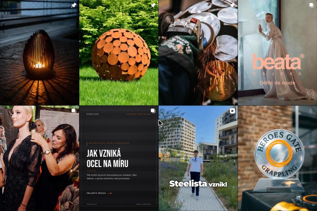 Instagram profil Steelista, ukázka příspěvků